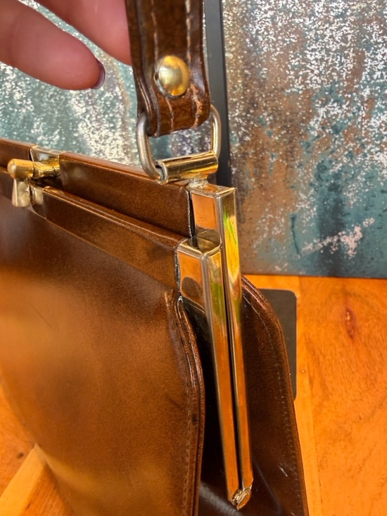 Vintage Mid Century Modern Brown Frame Bag Top Handle Leather Lined USA - Picture 12 of 16